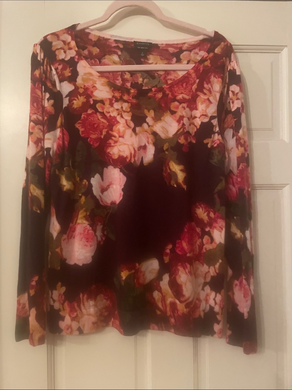 Talbots- Floral Long Sleeve Merino Wool Sweater Burgundy Multi—Size Large